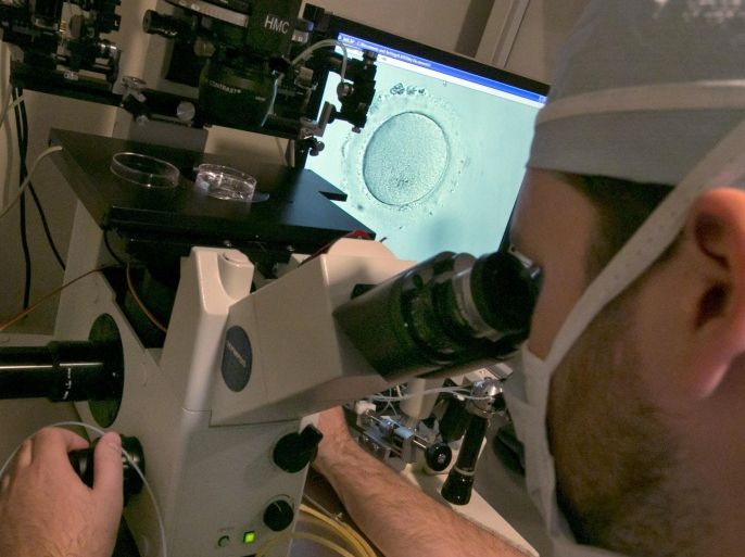 Embryologist Rick Slifkin uses a microscope to view an embryo, visible on a monitor, right, at Reproductive Medicine Associates of New York, in New York, Thursday, Oct. 3, 2013. Fertility clinics have put a new twist on how to make babies: A "two-mom" approach that lets female same-sex couples share the biological role. One woman's eggs are mixed in a lab dish with donor sperm, then implanted in the other woman who carries the pregnancy.