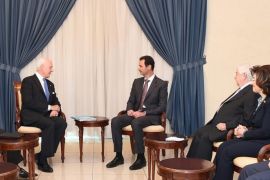 A handout picture provided by the official Syrian Arab News Agency (SANA) shows Syrian President Bashar al-Assad (C-R) meeting with UN Special Envoy on Syria Staffan de Mistura (C-L) and the respective delegations in Damascus, Syria, 10 November 2014. De Mistura is on an official visit to Syria. EPA/SANA/HANDOUT