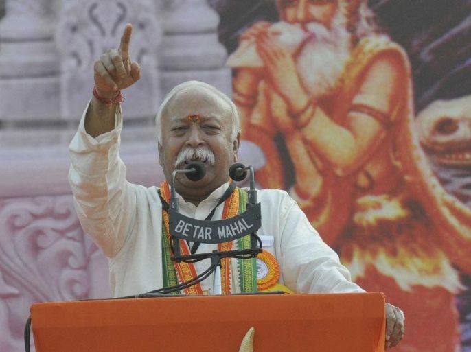 KOLKATA, INDIA - DECEMBER 20: RSS (Rashtriya Swayamsevak Sangh) chief Mohan Bhagwat during the Virat Hindu Sammelan, organised by VHP on December 21 to mark the golden jubilee celebration of the organisation, on December 20, 2014 in Kolkata, India. The objective of the VHP is to organise and consolidate the Hindu society and to serve and protect the Hindu dharma. A strong, effective, enduring and an ever increasing presence of VHP is seen in lakhs of villages and towns in India.