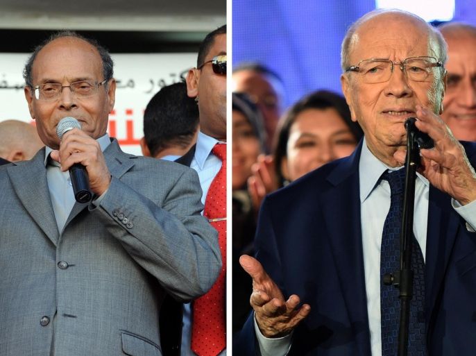 (FILES) --- A combination of recent pictures taken in Tunis made on December 18, 2014, shows the two candidates standing in the upcoming second round of Tunisia's presidential election, outgoing President Moncef Marzouki (L) and leader of the anti-Islamist party Nidaa Tounes, Beji Caid Essebsi. Tunisians vote on December 21, 2014 capping off four years of a sometimes chaotic transition since their country sparked the Arab Spring. AFP PHOTO / FETHI BELAID