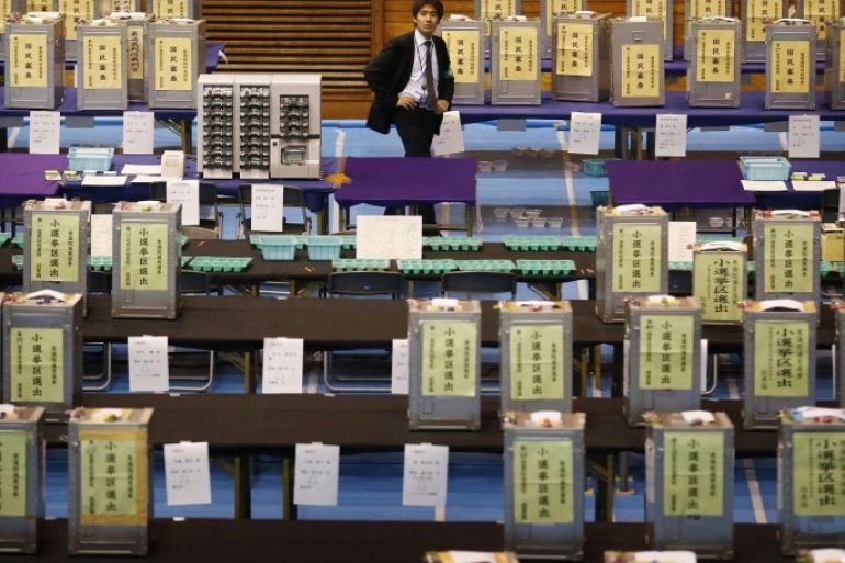 An election official stands among unopened ballot boxes at a counting centre in Tokyo, December 14, 2014. Prime Minister Shinzo Abe's party looks set for a huge win in the election on Sunday. REUTERS/Thomas Peter (JAPAN - Tags: ELECTIONS POLITICS)
