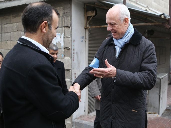 GAZIANTEP, TURKEY - DECEMBER 9: United Nations envoy on the Syrian crisis Staffan de Mistura visits the Association for Solidarity with Asylum Seekers and Immigrants after his meeting Syrian opponent representatives in Turkey's southeastern Gaziantep on December 9,2014.