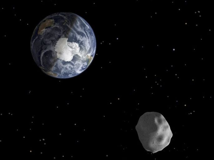 The passage of asteroid 2012 DA14 through the Earth-moon system, is depicted in this handout image from NASA. On February 15, 2013, an asteroid, 150 feet (45 meters) in diameter will pass close, but safely, by Earth. The flyby creates a unique opportunity for researchers to observe and learn more about asteroids. REUTERS/NASA/JPL-Caltech/Handout