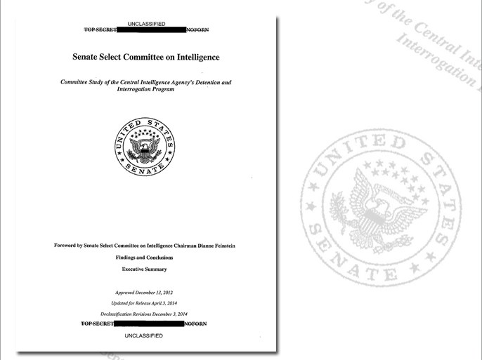 This is a copy of the cover of the CIA torture report released by Senate Intelligence Committee Chair Sen. Dianne Feinstein D-Calif., Tuesday, Dec. 9, 2014. U.S. Senate investigators delivered a damning indictment of CIA interrogations Tuesday, accusing the spy agency of inflicting suffering on prisoners beyond its legal limits and peddling unsubstantiated stories that the harsh questioning saved American lives. (AP Photo)