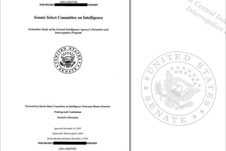 This is a copy of the cover of the CIA torture report released by Senate Intelligence Committee Chair Sen. Dianne Feinstein D-Calif., Tuesday, Dec. 9, 2014. U.S. Senate investigators delivered a damning indictment of CIA interrogations Tuesday, accusing the spy agency of inflicting suffering on prisoners beyond its legal limits and peddling unsubstantiated stories that the harsh questioning saved American lives. (AP Photo)