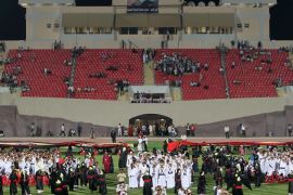 Yemeni performers take part in a rehearsal for the official opening ceremony of the Gulf Cup at the 22 May Stadium in the southern city of Aden on November 21, 2010 as Yemen gets ready to host the football tournament amid tight security.