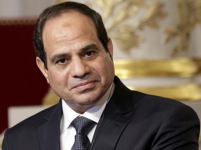 Egyptian President Abdel Fattah al-Sisi delivers a statement following a meeting with French President Francois Hollande at the Elysee Palace in Paris, November 26, 2014. REUTERS/Philippe Wojazer (FRANCE - Tags: POLITICS HEADSHOT)
