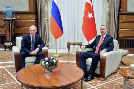 epa04510748 Russian President Vladimir Putin (L) meets with his Turkish counterpart Recep Tayyip Erdogan in the new presidential palace outside Ankara, Turkey, 01 December 2014. Putin and Erdogan began a meeting in Ankara to discuss their often opposing views on the crisis in Syria, the Islamic State threat and gas supplies to Turkey. Putin is on a one-day official visit to Turkey. EPA/MIKHAIL KLIMENTYEV / RIA NOVOSTI / KREMLIN POOL