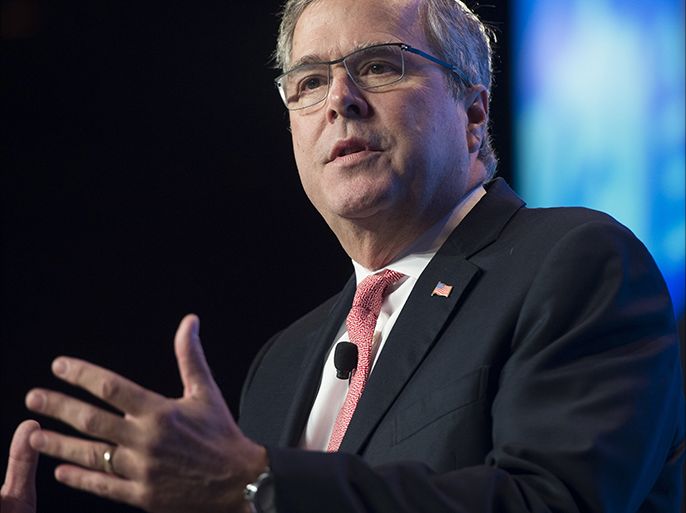 (FILES) This November 20, 2014 file photo shows former Florida Republican Governor Jeb Bush as he speaks at the 2014 National Summit on Education Reform in Washington, DC. Jeb Bush, brother and son to two former US presidents, threw his hat into the ring for the 2016 race on December 16, 2014, announcing he had consulted his family and decided to explore a bid. "As a result of these conversations and thoughtful consideration of the kind of strong leadership I think America needs, I have decided to actively explore the possibility of running for president," he said. AFP PHOTO / Saul LOEB