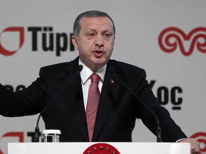 Turkey's President Tayyip Erdogan speaks during the opening of an extension to an oil refinery near Istanbul December 15, 2014. Erdogan said on Monday that weekend raids on media outlets close to a U.S.-based Muslim cleric were part of a necessary response to "dirty operations" by political enemies, and dismissed European Union criticism of the moves. REUTERS/Osman Orsal (TURKEY - Tags: POLITICS MEDIA)