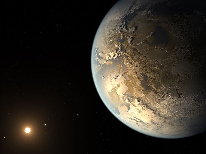 epa04170536 A handout image made available by NASA on 17 April 2014 showing an artist's concept of Kepler-186f , the first validated Earth-size planet to orbit a distant star in the habitable zone, a range of distance from a star where liquid water might pool on the planet's surface. The discovery of Kepler-186f confirms that Earth-size planets exist in the habitable zones of other stars and signals a significant step closer to finding a world similar to Earth
