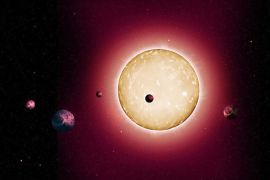 This artist's rendering made available by Tiago Campante and Peter Devine shows the Kepler-444 star system, surrounded by at least five earth-sized planets. On Tuesday, Jan. 27, 2015, an international team of astronomers announced that this extrasolar system is 11.2 billion years old. With the age of the universe pegged at 13.8 billion years, this is the oldest star with close-to-Earth-size planets ever found. (AP Photo/Tiago Campante, Peter Devine)
