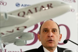 epa04403414 CEO of Qatar Airways, Akbar Al Baker speaks during a press conference on the delivery of the first Airbus A380 to Qatar Airways in Hamburg, Germany, 16 September 2014. Aircraft company Airbus has handed over the first A380 to Qatar Airways, which has ordered ten A380 in total, according to media reports. EPA/DANIEL BOCKWOLDT