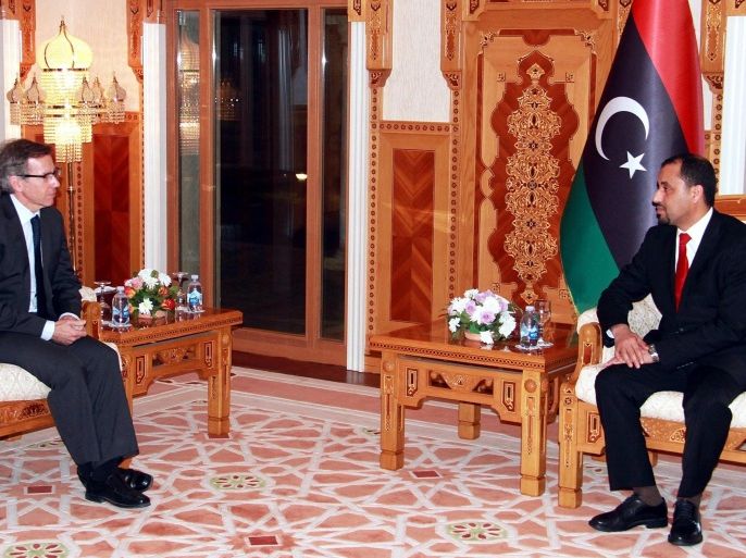 TRIPOLI, LIBYA - JANUARY 8: Saleh al-Mahsun (R) deputy president of Libyan General National Congress meets with Bernardino Leon, Special Representative and Head of the United Nations Support Mission in Libya on January 8, 2015 in Tripoli, Libya.