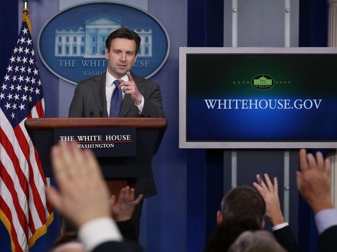 WASHINGTON, DC - JANUARY 23: White House Press Secretary Josh Earnest speaks to the media during his daily briefing in the Brady Briefing Room January 23, 2015 in Washington, DC. Earnest spoke on several issues including President Obama's upcoming trip to India.