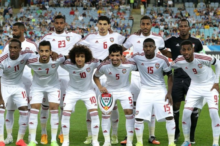 SYDNEY, AUSTRALIA - JANUARY 23: United Arab Emirates pose for a team shot before the 2015 Asian Cup Quarter Final match between Japan and the United Arab Emirates at ANZ Stadium on January 23, 2015 in Sydney, Australia.