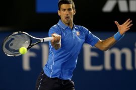 MELBOURNE, AUSTRALIA - JANUARY 26: Novak Djokovic of Serbia during his match against Gilles Muller of Luxembourg on Rod Laver Arena during day eight of the 2015 Australian Open at Melbourne Park on January 26, 2015 in Melbourne, Australia.