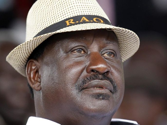 Raila Odinga, leader of Kenya's opposition Coalition for Reforms and Democracy (CORD), attends their rally dubbed "Saba Saba day rally" to demand dialogue with the government at the Uhuru park grounds in the capital Nairobi, July 7, 2014. Police fired tear gas at anti-government protesters in Kenya on Monday, shortly before an opposition rally in the capital, stoking tensions in a nation haunted by past political violence and battling a wave of militant attacks. REUTERS/Thomas Mukoya (KENYA - Tags: SOCIETY CIVIL UNREST POLITICS)