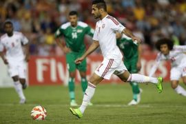 NEWCASTLE, AUSTRALIA - JANUARY 30: Ali Ahmed Mabkhout of the United Arab Emirates takes a penalty kick during the Third Place 2015 Asian Cup match between Iraq and the United Arab Emirates at Hunter Stadium on January 30, 2015 in Newcastle, Australia.