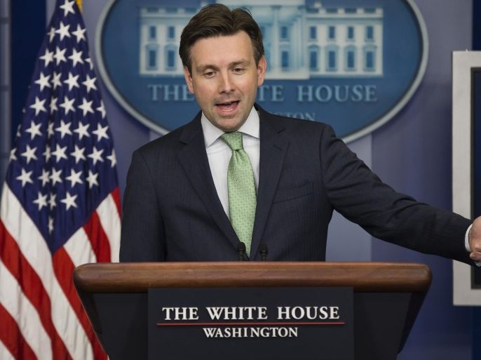 White House press secretary Josh Earnest answers questions about the upcoming budget proposal from President Barack Obama, Thursday, Jan. 29, 2015, during the daily briefing at the White House in Washington. (AP Photo/Evan Vucci)