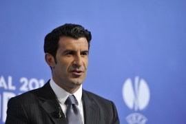 NYON, SWITZERLAND - APRIL 11: Ambassador for the final Luis Figo looks on during the UEFA Champions League 2013/14 season semi-finals draw at the UEFA headquarters, The House of European Football, on April 11, 2014 in Nyon, Switzerland.