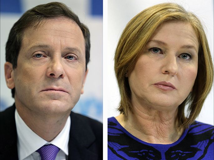 epa04543686 A combination photo of center-left political block led by Isaac Herzog (L), leader of the Israeli Labor party, and Tzipi Livni (R), Chairwoman of the Hatnua party and a former Justice Minister and Foreign Minister, during a press conference in Tel Aviv, Israel, 31 December 2014 in which a leading economist, Manuel Trajtenberg, was named to be joining their effort to form the next government if they should win a mandate to form the next government following a win in the March 17, 2015 general elections. EPA/DANIEL BAR ON
