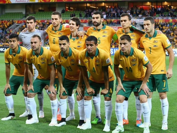 MELBOURNE, AUSTRALIA - JANUARY 09: The Australian Socceroos line up prior to the 2015 Asian Cup match between the Australian Socceroos and Kuwait at AAMI Park on January 9, 2015 in Melbourne, Australia.