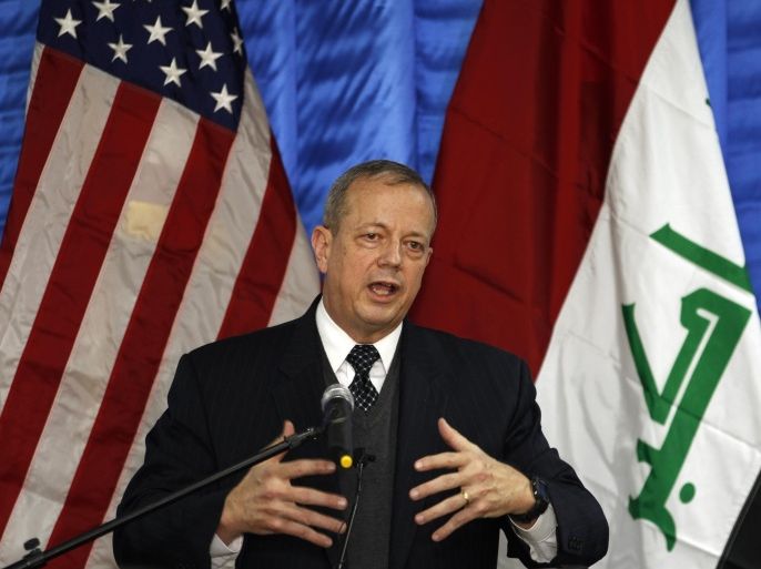 John Allen, U.S. special presidential envoy for the global coalition to counter the Islamic State group, speaks during a press conference in Baghdad, Iraq, Wednesday, Jan. 14, 2015. (AP Photo/Thaier Al-Sudani, Pool)