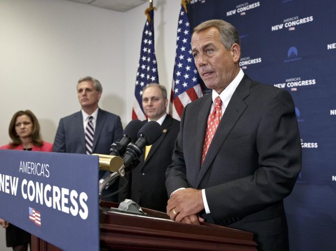 On the morning after President Barack Obama's State of the Union speech, House Speaker John Boehner of Ohio, tells reporters that he has asked Israeli Prime Minister Benjamin Netanyahu to address Congress on dealing with terrorism but that he did not consult the White House on the invitation, Wednesday, Jan. 21, 2015, on Capitol Hill in Washington. From left are, Rep. Lynn Jenkins, R-Kansas, House Majority Leader Kevin McCarthy of Calif., House Majority Whip Steve Scalise of La. and Boehner. (AP Photo/J. Scott Applewhite)