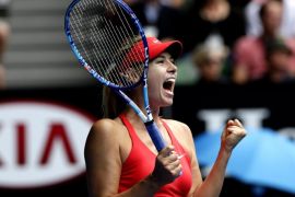 Maria Sharapova of Russia jubilates after winning against Eugenie Bouchard of Canada in their quarter-final match at the Australian Open Grand Slam tennis tournament in Melbourne, Australia, 27 January 2015. The Australian Open tennis tournament runs until 01 February 2015.