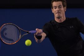 Britain's Andy Murray plays a shot during his men's singles match against Bulgaria's Grigor Dimitrov on day seven of the 2015 Australian Open tennis tournament in Melbourne on January 25, 2015. AFP PHOTO / GREG WOOD-- IMAGE RESTRICTED TO EDITORIAL USE - STRICTLY NO COMMERCIAL USE