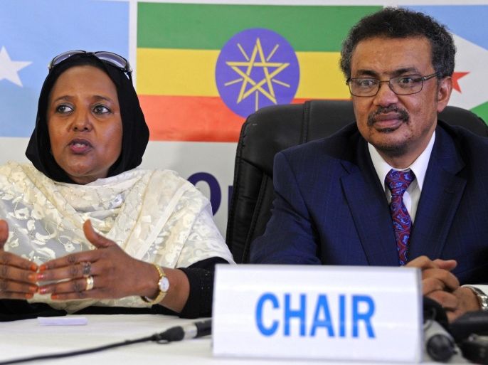 Kenyan Foreign minister Amina Mohamed (L) speaks while attending with Ethiopian Foreign minister Tedros Adhanom, the East African Foreign ministers meeting in Mogadishu, Somalia, on January 10, 2015 to push peace efforts in war-torn Somalia, the first time the regional bloc has met in the country for almost three decades. Dozens of heavily armed soldiers and police patrolled the streets, where Al-Qaeda-affiliated Shebab militants regularly carry out bombings and killings. AFP PHOTO / Mohamed Abdiwahab