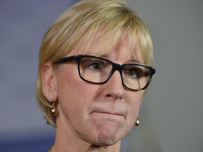 Swedish Foreign Minster Margot Wallstrom reacts during a news conference about a shooting incident at the Paris offices of satirical magazine Charlie Hebdo, in Stockholm January 7, 2015. Gunmen stormed the Paris offices of the weekly satirical magazine Charlie Hebdo, renowned for lampooning radical Islam, killing at least 12 people, including two police officers in the worst militant attack on French soil in recent decades. REUTERS/Henrik Montgomery/TT News Agency (SWEDEN - Tags: POLITICS CRIME LAW HEADSHOT) ATTENTION EDITORS - FOR EDITORIAL USE ONLY. NOT FOR SALE FOR MARKETING OR ADVERTISING CAMPAIGNS. THIS IMAGE HAS BEEN SUPPLIED BY A THIRD PARTY. IT IS DISTRIBUTED, EXACTLY AS RECEIVED BY REUTERS, AS A SERVICE TO CLIENTS. SWEDEN OUT. NO COMMERCIAL OR EDITORIAL SALES IN SWEDEN