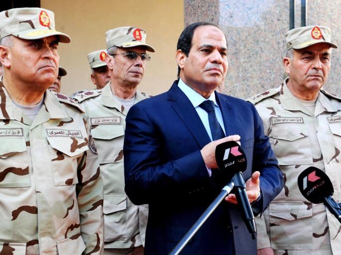 A handout made available by the Office of the Egyptian President shows Egyptian President, Abdel Fattah al-Sisi (C), delivering a speech following a meeting of the Supreme Council of the Armed Forces (SCAF), Cairo, Egypt, 31 January 2015. According to local reports al-Sisi stated that when the Egyptian people gave him the mandate to depose former President Morsi it would result in a long battle against terrorism adding that he would never abandon Sinai, the scene of multiple, coordinated attacks late 29 January carried out by Sinai Province, a group affiliated with the organization calling itself the Islamic State (IS), which resulted in the deaths of at least 32 members of the security services with many more wounded. EPA/OFFICE OF THE EGYPTIAN PRESIDENT / HANDOUT