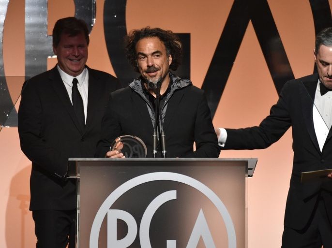 In this photo provided by the Producers Guild of America, Alejandro Gonzalez Inarritu accepts the Darryl F. Zanuck Award for outstanding producer of theatrical motion pictures for “Birdman” on stage at the 26th Annual Producers Guild Awards at the Hyatt Regency Century Plaza on Saturday, Jan. 24, 2015, in Los Angeles. (Photo by John Shearer/Invision for Producers Guild of America/AP Images)