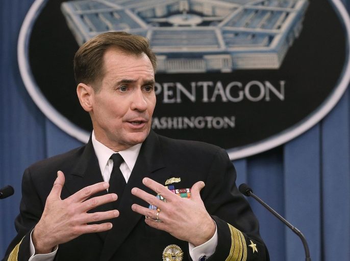 ARLINGTON, VA - JANUARY 09: Pentagon Press Secretary Rear Adm. John Kirby conducts a briefing at the Pentagon, January 9, 2015 in Arlington, Virginia. Rear Adm. Kirby spoke about Defense Secretary Chuck Hagel's schedule, and Department of Defense issues.
