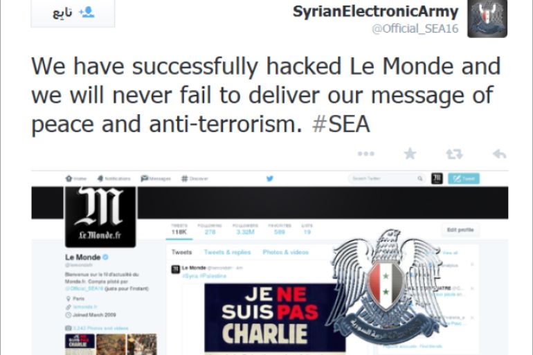 صورة من موقع لوموند بتويتر والعنوان: الجيش السوري الإلكتروني يخترق حساب صحيفة لوموند الفرنسية قبل أن تستعيد الأخيرة السيطرة عليه