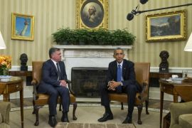 President Barack Obama, right, meets with King Abdullah II of Jordan in the Oval Office of the White House, on Tuesday, Feb. 3, 2015, in Washington. The meeting comes after Jordanian Air Force pilot First Lt. Moaz al-Kasasbeh was executed by the Islamic State group. (AP Photo/Evan Vucci)