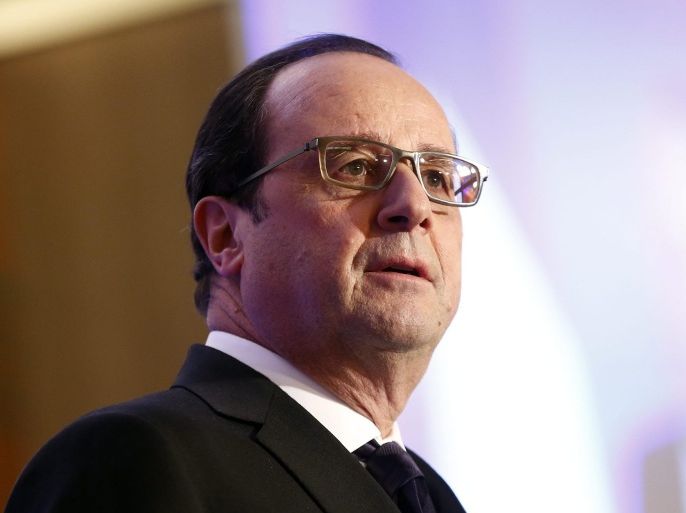 French President Francois Hollande delivers a speech during the 30th annual diner held by the French Jewish Institutions Representative Council (Conseil Representatif des Institutions juives de France - CRIF) in Paris, France, 23 February 2015. French President Hollande uses this occasion to explain in detail the government plan to fight antisemitism and racism in France. EPA/ETIENNE LAURENT MAXPPP OUT