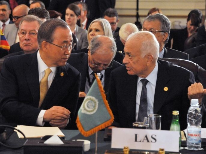 CAIRO, EGYPT - OCTOBER 12: United Nations Secretary General Ban Ki-Moon (L) speaks with Secretary General of the League of Arab States Nabil Elaraby (R) during a donor conference aiming at rebuilding the war-battered Gaza Strip, which is co-organized by Norway and Egypt, in Cairo, Egypt on October 12, 2014. Fighting between Israel and the Islamist movement Hamas during July and August destroyed 17.200 houses, 73 mosques and 24 schools in the Gaza Strip.