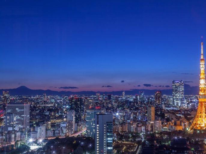 Aerial view of Tokyo city with Tokyo tower and Mount.Fuji, Japan at night.