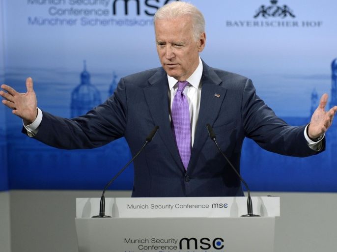 US Vice President Joe Biden speaks during the second day of the 51st Munich Security Conference (MSC) in Munich, southern Germany, on February 7, 2015. The Ukraine conflict, Islamic State group jihadists and the wider 'collapse of the global order' will occupy the world's security community at the annual meeting. Also on the agenda of the three-day Conference will be Iran's nuclear talks, the Syrian war and mass refugee crisis, West Africa's Ebola outbreak and cyber terrorism. AFP PHOTO / CHRISTOF STACHE