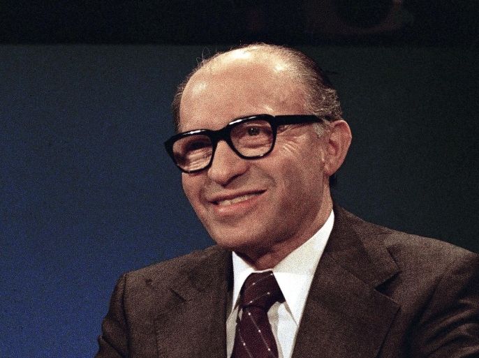 FILE - In this Dec. 28, 1977 file photo, Israeli Prime Minister Menachem Begin appears on CBS-TV's "Face The Nation" in Washington. The Sunday morning public affairs show "Face the Nation" celebrates 60 years of broadcasts this week, making it the second longest-running television program on the air. (AP Photo, File)