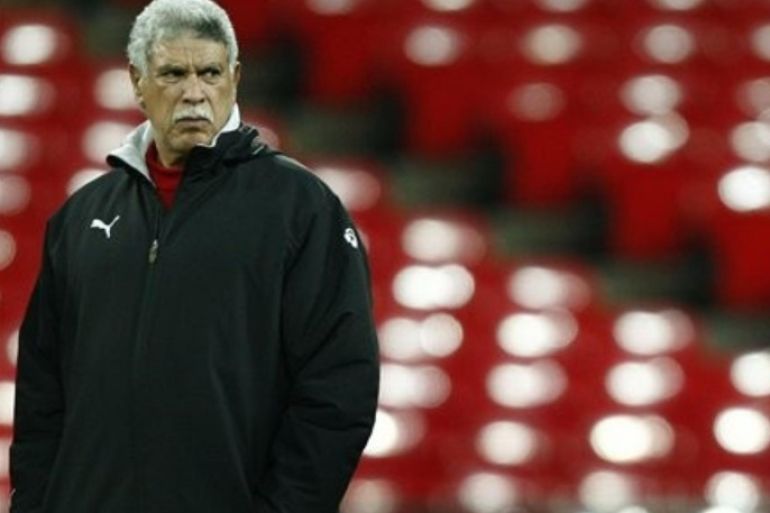 Egypt's soccer team coach Hassan Shehata watches his team during a training session at Wembley stadium in London, Tuesday, March 2, 2010. Egypt play a friendly international match against England on Wednesday, March 3.