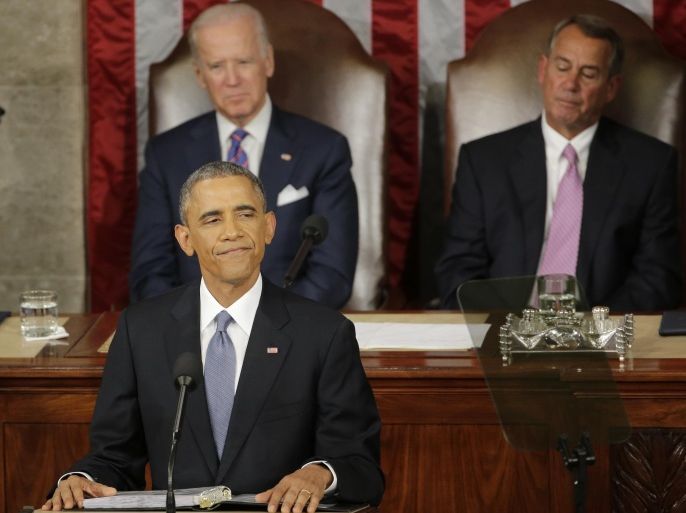 FILE - In this Tuesday, Jan. 20, 2015, file photo, President Barack Obama pauses during his State of the Union address before a joint session of Congress on Capitol Hill in Washington, Tuesday, Jan. 20, 2015. Vice President Joe Biden, left, and House Speaker John Boehner of Ohio listen. (AP Photo/J. Scott Applewhite, File)