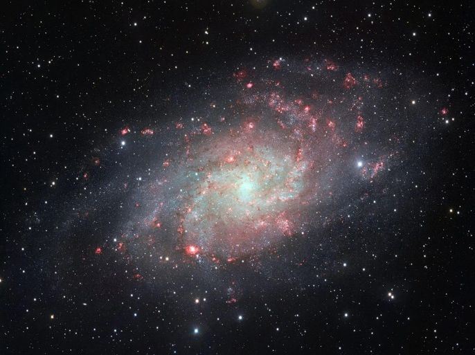 An undated handout image provided by the European Southern Observatory (ESO) on 06 August 2014 shows a snap by the VLT Survey Telescope (VST), at ESO's Paranal Observatory in Chile, that shows the galaxy Messier 33, often called the Triangulum Galaxy. This nearby spiral, the second closest large galaxy to our own galaxy, the Milky Way, is packed with bright star clusters, and clouds of gas and dust. This picture is amongst the most detailed wide-field views of this object ever taken and shows the many glowing red gas clouds in the spiral arms with particular clarity. EPA/ESO / HANDOUT EDITORIAL USE ONLY