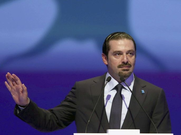 Former prime minister Saad al-Hariri gives a speech during the 10th anniversary of his father and former prime minister Rafik al-Hariri's assassination in Beirut February 14, 2015. REUTERS/Mohamed Azakir (LEBANON - Tags: POLITICS ANNIVERSARY)