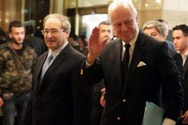 UN envoy on Syria, Staffan de Mistura (R), walks with Deputy Syrian Foreign Minister Faisal Mekdad (L) upon arrival at his residence in Damascus, Syria, 28 February 2015. De Mistura is pushing for a ceasefire in the province of Aleppo as a step towards a wider truce after nearly four years of conflict. De Mistura said that the Syrian government had expressed its readiness to halt its bombardment of Aleppo for six weeks.