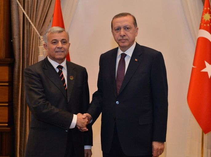 ANKARA, TURKEY - JANUARY 16: Turkish President Recep Tayyip Erdogan (R) meets Nouri Abusahmain, President of the New General National Congress of Libya, at the presidential palace in Ankara, Turkey on January 16, 2015.