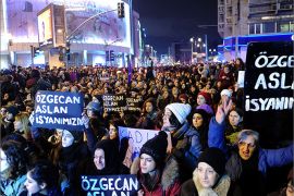 1036 - Istanbul, Istanbul, TURKEY : Women shout slogans and hold placards reading "Ozgecan Aslan is our rebellion" during a demostration in Istanbul on February 14, 2015, against the murder of a young woman named Ozgecan Aslan. Women's rights activists in Turkey took to the streets in protest at the murder of a young woman after she resisted an alleged attempt to rape her, local media reported. AFP PHOTO / OZAN KOSE
